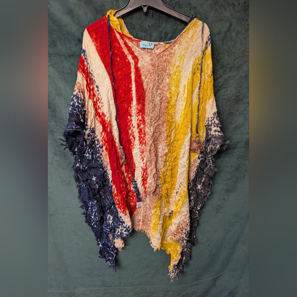 Letarte Handmade Red, Yellow, and Blue Women's Hooded Poncho